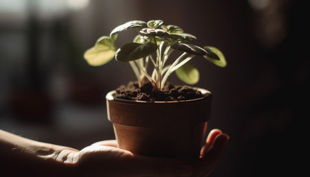 New life begins as human hand holds small seedling plant generated by artificial intelligenceの素材
