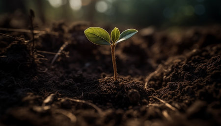 New life begins as small seedling grows in fresh dirt generated by artificial intelligenceの素材