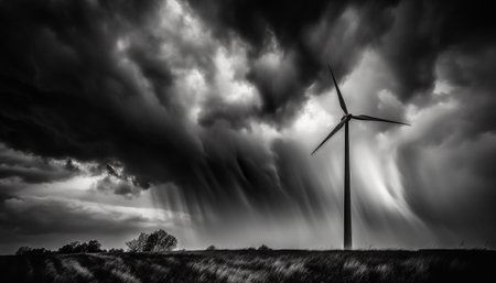 Efficient wind power generation spins blades against dramatic sky backdrop generated by artificial intelligenceの素材