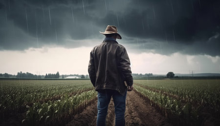 Solitary rancher stands in ominous autumn meadow under overcast sky generated by artificial intelligenceの素材