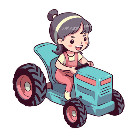 Smiling toddler driving cute cartoon tractor toyのイラスト素材