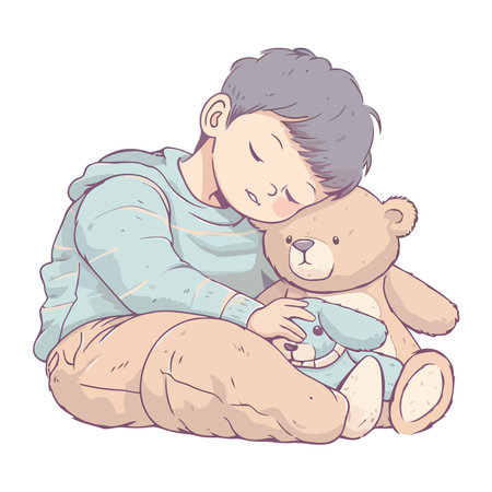 Smiling toddler playing with cute teddy bearのイラスト素材