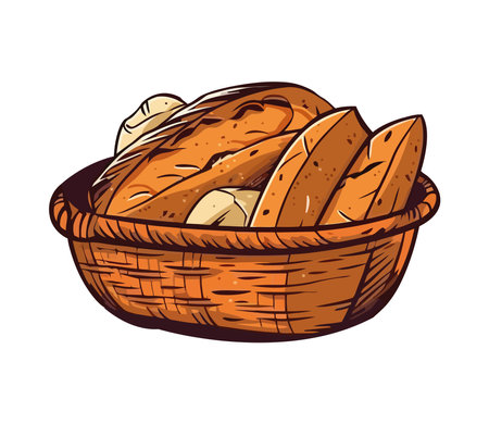Fresh baguette in rustic bread basket illustrationのイラスト素材