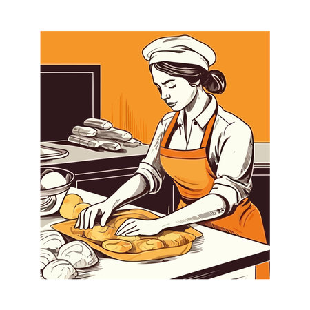 Young baker smiling, preparing fresh baguetteのイラスト素材