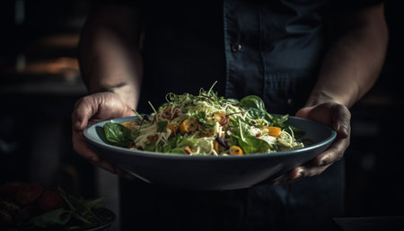 A healthy meal with fresh vegetables, salad, and organic ingredients generated by artificial intelligenceの素材