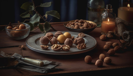 A rustic table with a bowl of fresh, organic nuts generated by artificial intelligenceの素材