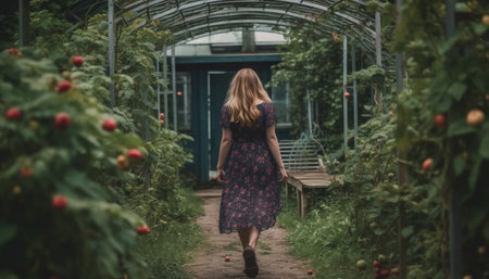 Young adult woman smiling, walking outdoors in a summer farm generated by artificial intelligenceの素材