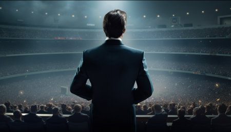 A glowing businessman stands in a blue spotlight, captivating the audience generated by artificial intelligenceの素材