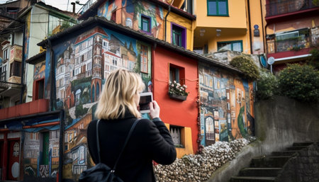 Two young women walking in the city, holding mobile phones generated by artificial intelligenceの素材