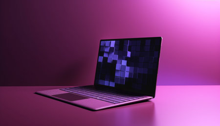 Modern laptop on a blue backdrop, glowing with futuristic technology generated by artificial intelligenceの素材