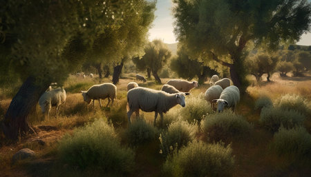 A rural scene with a farm, meadow, and livestock grazing generated by artificial intelligenceの素材