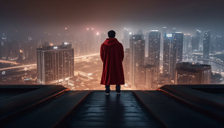 Men standing on a balcony, looking at the bright cityscape generated by artificial intelligenceの素材