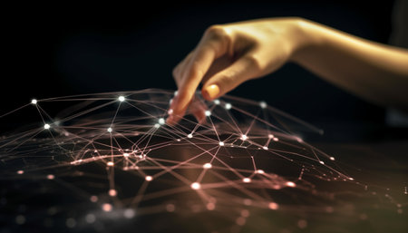 Abstract futuristic communication Hand pointing, connecting data, networking globally generated by artificial intelligenceの素材