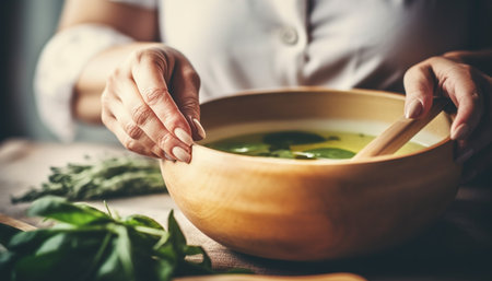A woman hand holds a fresh vegetable, preparing homemade soup generated by artificial intelligenceの素材