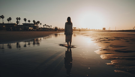 One woman walking on the beach, enjoying the serene sunset generated by artificial intelligenceの素材