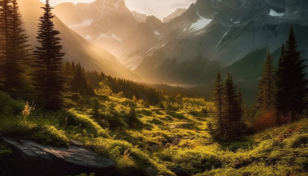 Majestic mountain peak in tranquil meadow, surrounded by lush forest generated by artificial intelligenceの素材