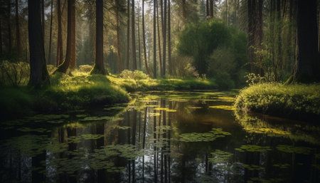 Tranquil scene of a forest pond reflects the beauty of nature generated by artificial intelligenceの素材