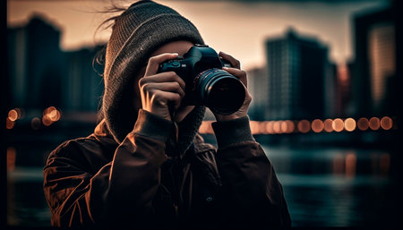 A man photographing cityscape at night with professional camera equipment generated by artificial intelligenceの素材