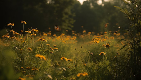 Vibrant yellow flower in meadow, butterfly pollinating under sunset generated by artificial intelligenceの素材