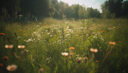 Vibrant meadow, green grass, yellow daisy, tranquil sunset, fresh nature generated by artificial intelligenceの素材