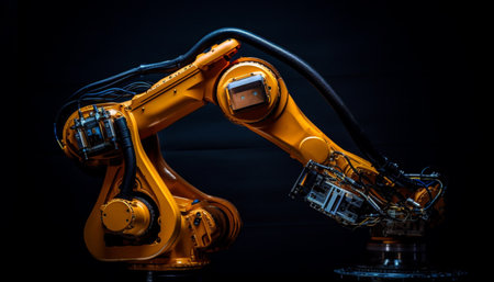 Robotic arm in futuristic factory, working on automated manufacturing equipment generated by artificial intelligenceの素材