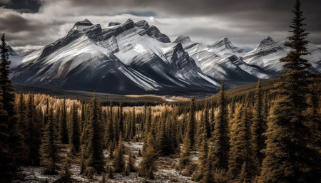 Majestic mountain range, tranquil forest, snowy peak nature beauty generated by artificial intelligenceの素材