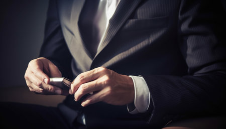Successful businessman holding a wedding ring, exuding confidence and elegance generated by artificial intelligenceの素材