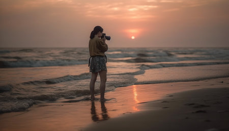 A tranquil sunset on the beach, capturing the beauty of nature generated by artificial intelligenceの素材