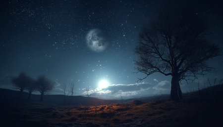 Spooky night, dark forest, moonlight silhouette, starlit sky, mysterious landscape generated by artificial intelligenceの素材