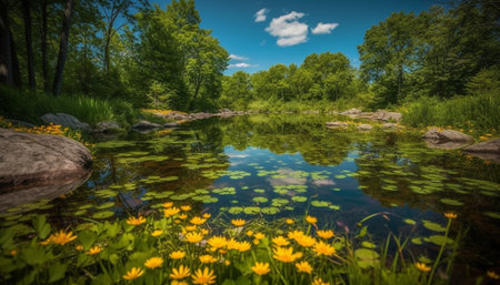 Landscape of green meadow, tranquil pond, and colorful blossoms generated by artificial intelligenceの素材