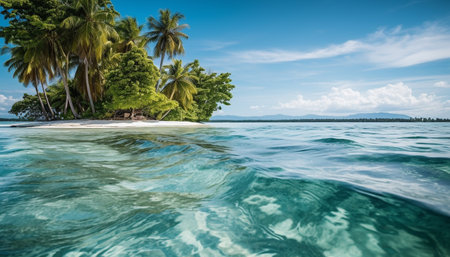 Tropical climate, turquoise water, palm trees, and tranquil relaxation generated by artificial intelligenceの素材