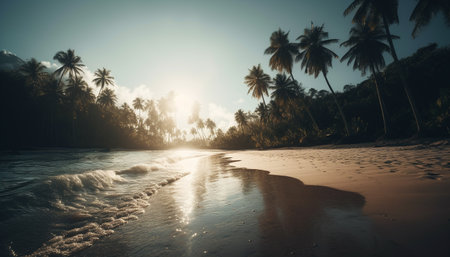 Sunset over the tropical coastline, palm trees swaying in the breeze generated by artificial intelligenceの素材