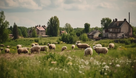 Green meadow, flock of sheep grazing in rural landscape generated by artificial intelligenceの素材