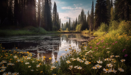 Tranquil scene of a majestic mountain reflecting in a peaceful pond generated by artificial intelligenceの素材
