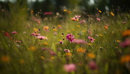 Vibrant yellow and purple wildflowers blossom in the meadow generated by artificial intelligenceの素材