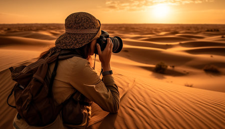 One man hiking, capturing nature beauty with camera and lens generated by artificial intelligenceの素材