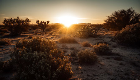 Sunset over a dry mountain landscape, nature beauty in arid Africa generated by artificial intelligenceの素材