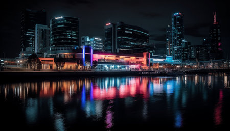 Night skyline reflections in water, illuminating modern city architecture generated by artificial intelligenceの素材