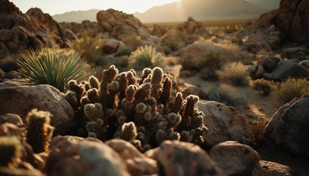 Nature beauty in a dry landscape sunset over arid mountains generated by artificial intelligenceの素材