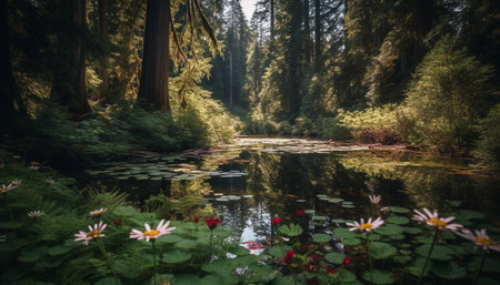 Tranquil scene of a green forest with a beautiful waterfall generated by artificial intelligenceの素材