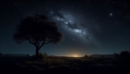 Milky Way illuminates night sky, revealing mysterious star filled landscape generated by artificial intelligenceの素材