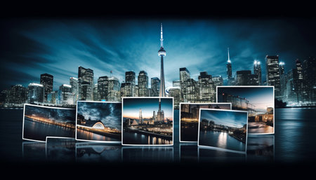 Cityscape of a futuristic, illuminated skyline reflecting on the waterfront generated by artificial intelligenceの素材