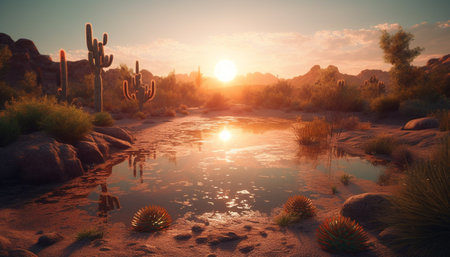 Sunset over the tranquil landscape, nature beauty reflected in water generated by artificial intelligenceの素材