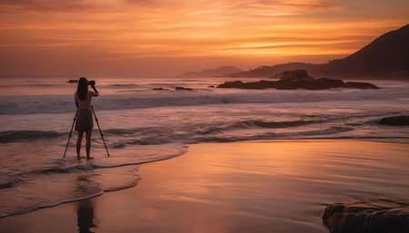 A photographer captures the tranquil sunset, reflecting on the water generated by artificial intelligenceの素材