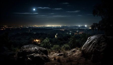 Silhouette of mountain peak illuminated by moonlight in tranquil scene generated by artificial intelligenceの素材