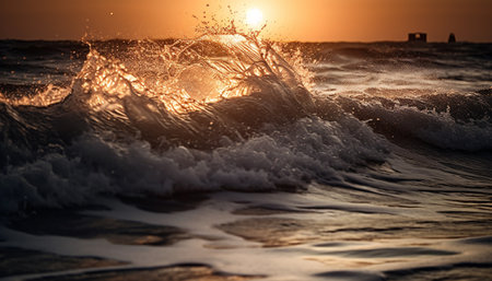 Sunset over the water, waves splashing on the sandy coastline generated by artificial intelligenceの素材
