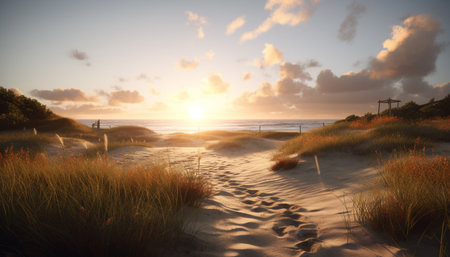 Sunset over the tranquil coastline, nature beauty reflected in water generated by artificial intelligenceの素材