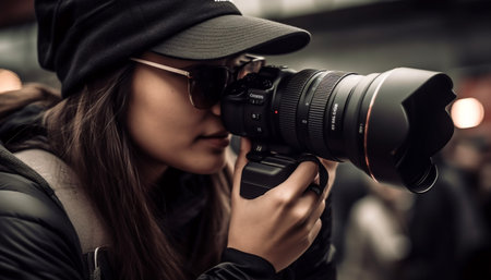 Young adult Caucasian woman photographing outdoors with camera equipment generated by artificial intelligenceの素材