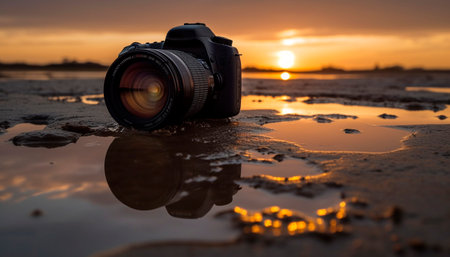 Photographer captures stunning sunset with old fashioned camera and lens flare generated by artificial intelligenceの素材