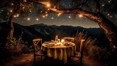 A rustic table set in nature, under a tree generated by artificial intelligenceの素材